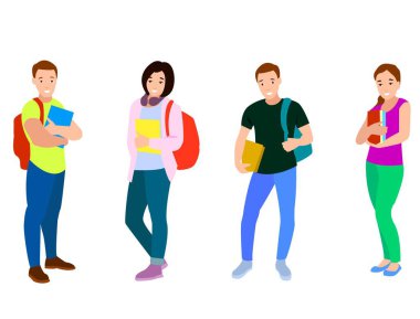 Bir grup genç erkek ve kadın, farklı renkler, çizgi film karakteri, ayakta duran iş adamlarından oluşan siluetler, öğrenciler, düz ikon tasarımı, beyaz arka planda izole edilmiş