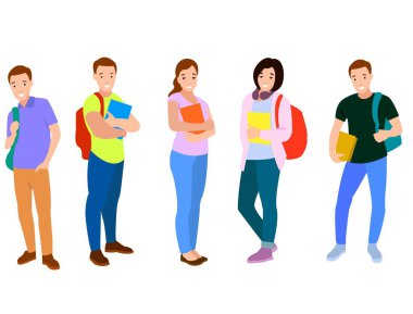 Bir grup genç erkek ve kadın, farklı renkler, çizgi film karakteri, ayakta duran iş adamlarından oluşan siluetler, öğrenciler, düz ikon tasarımı, beyaz arka planda izole edilmiş