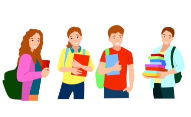 Bir grup genç erkek ve kadın, farklı renkler, çizgi film karakteri, ayakta duran iş adamlarından oluşan siluetler, öğrenciler, düz ikon tasarımı, beyaz arka planda izole edilmiş