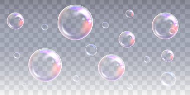 Gerçekçi sabun köpükleri seti. Şeffaf arkaplanda izole edilmiş gerçekçi sabun köpükleri.