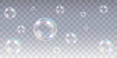 Gerçekçi sabun köpükleri seti. Şeffaf arkaplanda izole edilmiş gerçekçi sabun köpükleri.