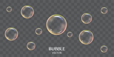 Gerçekçi sabun köpükleri seti. Şeffaf arkaplanda izole edilmiş gerçekçi sabun köpükleri.