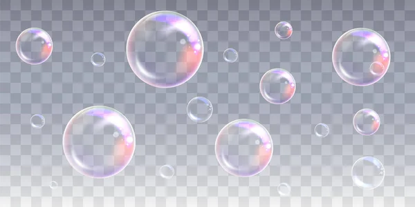 現実的な石鹸の泡セット 透明な背景で隔離された現実的な石鹸の泡 — ストックベクタ