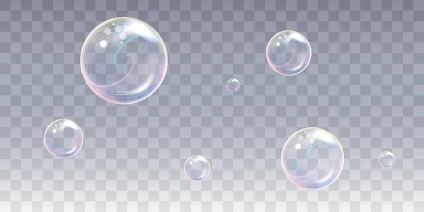現実的な石鹸の泡セット 透明な背景で隔離された現実的な石鹸の泡 — ストックベクタ