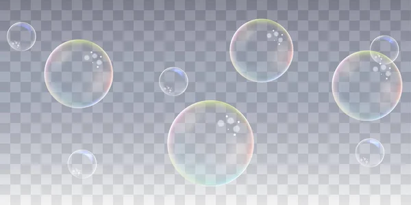现实的肥皂泡集 透明背景下孤立的现实肥皂泡沫 — 图库矢量图片