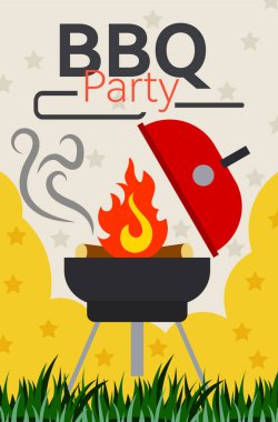 Barbekü partisi posteri, ızgara ve çaydanlık.