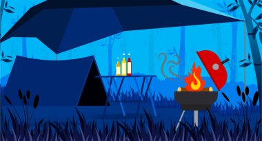 Orman Vektörü illüstrasyonunda düz bir şekilde kamp yapmak