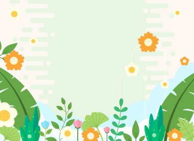 bahar çiçekleri ve yeşil çimen arka planda yapraklar. Çiçek çerçevesi. vektör düz tasarım çizimi.