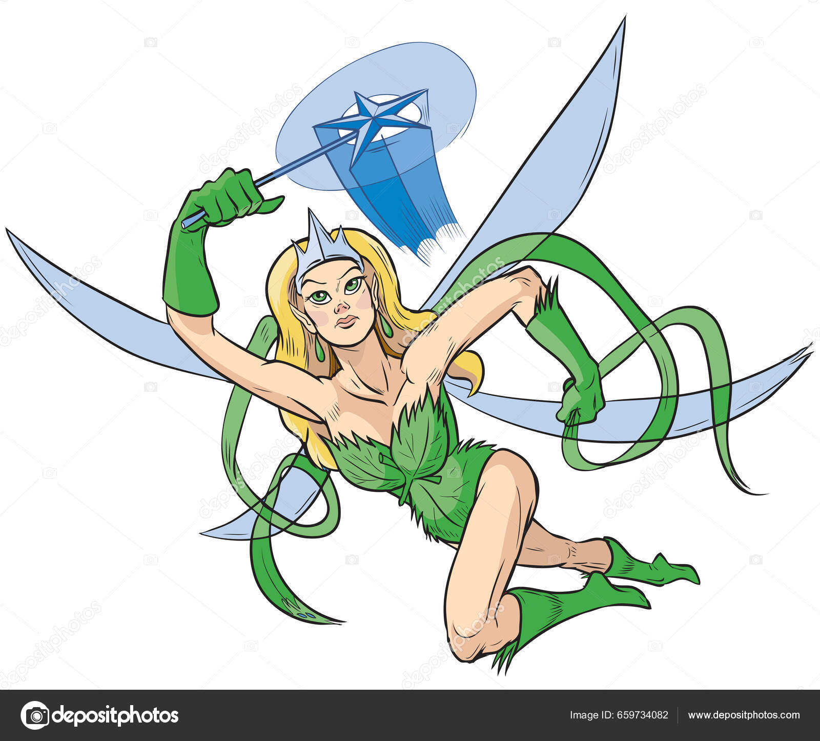 矢量卡通画剪贴画的女性超级英雄与林地仙女公主主题的冠明星魔法棒和翅膀以漫画书风格的飞行姿势绘制图库矢量图©Dolimac 659734082, image size:1600x1445