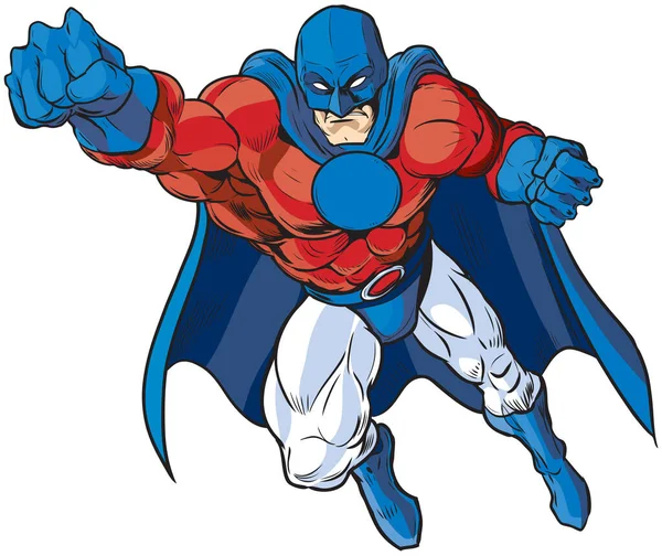 矢量漫画剪贴画艺术的肌肉男性超级英雄在面具和斗篷爱国红色 白色和蓝色 以漫画书风格的飞行姿态 胸牌是空白的 — 图库矢量图片