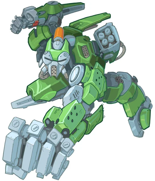 漫画の本のスタイルでパンチをジャンプし 投げるタフなヒューマノイド緑の兵士ロボットマスコットのベクトル漫画のクリップアートイラスト 別々のレイヤーの線と色 — ストックベクタ
