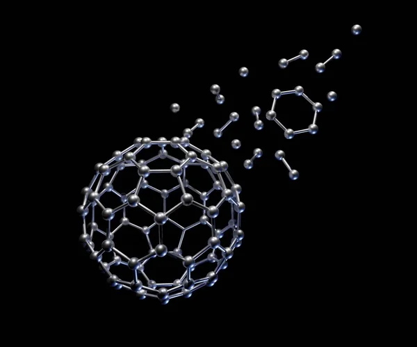 Kohlenstoff Nanostruktur Namens Fullerene Auf Dem Schwarzen Hintergrund — Stockfoto