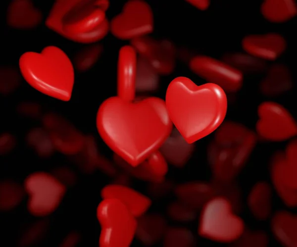 Κόκκινες Καρδιές Διάσπαρτες Στο Μαύρο Φόντο Απόδοση — Φωτογραφία Αρχείου