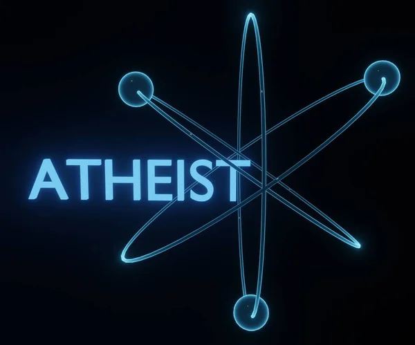 Isolierter Atheistischer Brief Mit Atom Molekül Blau Leuchtend Auf Schwarzem — Stockfoto
