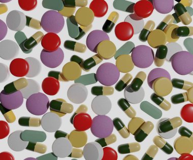 İlaç çeşitleri, haplar ve haplar tam renkli 3D görüntüleme