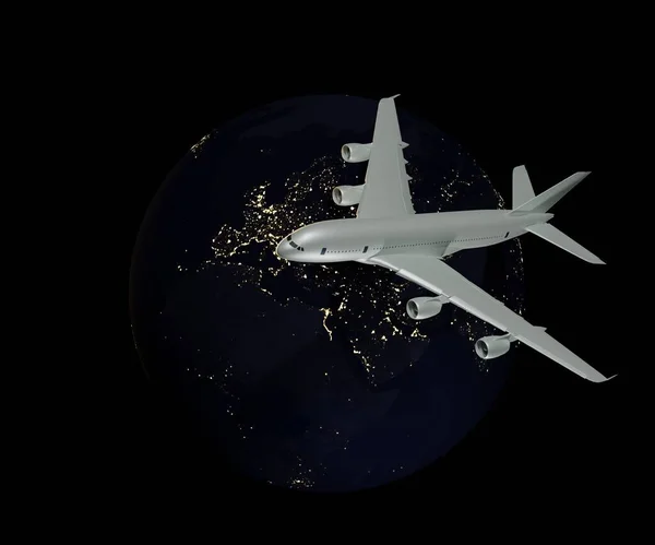 night airplane travel around the world 3d rendering
