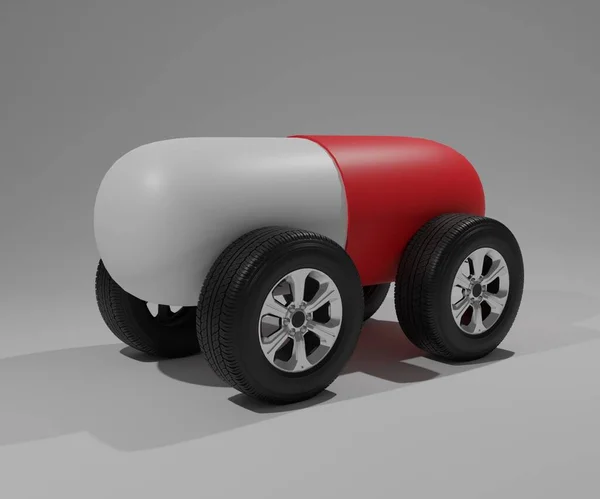 Red and white pill with four wheels 3d rendering