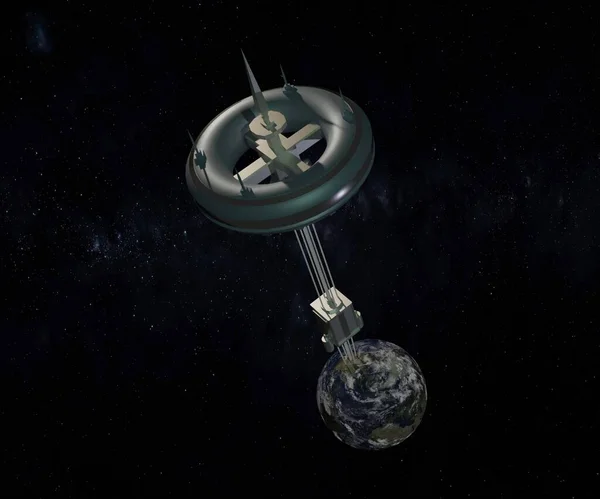 space elevator, a concept for lifting mass out of Earth\'s gravity well without using rockets in which an extremely strong cable extends from Earth\'s surface 3d rendering