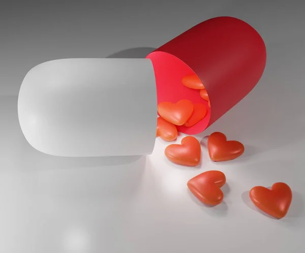 medicine pills with red heart shape and love 3d rendering