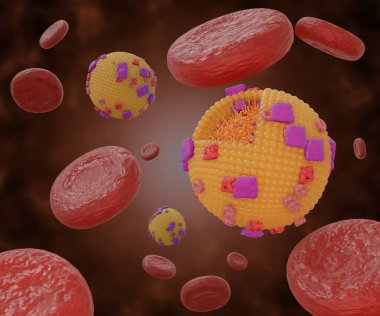 Chylomicrons or ultra low-density lipoproteins or ULDL in the blood vessel flow with red blood cells 3d rendering