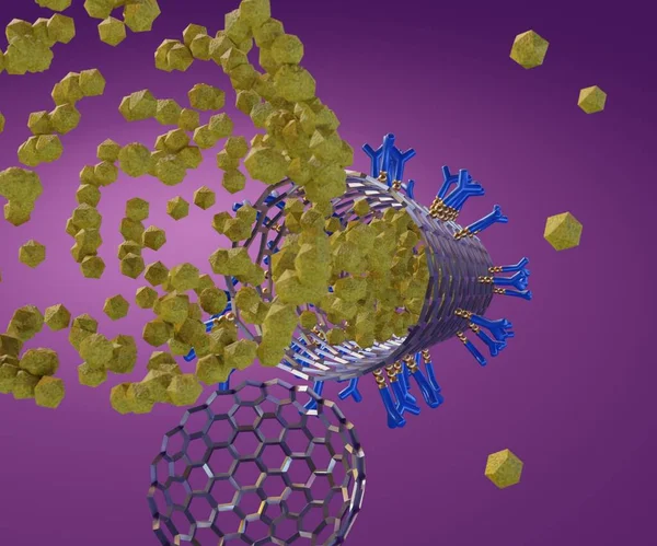 Nanomedicine Closed Single Layer Carbon Nanotube Conjugated Antibodies Rendering — Foto de Stock
