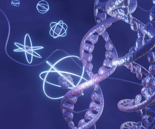 Atomic radiation on DNA strands. atoms and DNA helix 3d rendering
