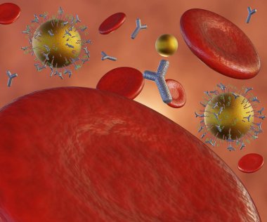The gold nanoparticle with linker conjugates antibodies, proteins, peptides, ligands, and polymers for specific targeting cells in the blood vessel with red blood cells 3d rendering