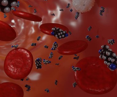 Steroid molecules in the blood vessel with red blood cells 3d rendering