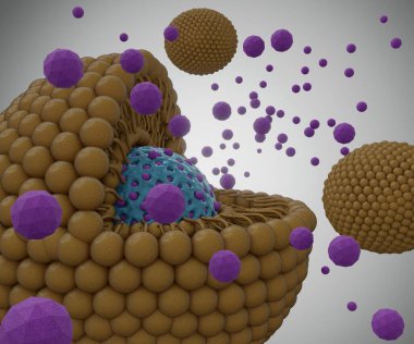 Lipid bilayer coating mesoporous silica nanoparticle as nanodrugs carrier or delivery. Nanomedicine release from encapsulated nanocarrier 3d rendering