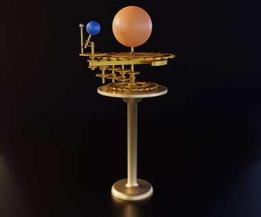 The Tellurion Orrery. Isolated complex brass Orrery of the Earth and the Moon as they travel around the Sun 3d rendering