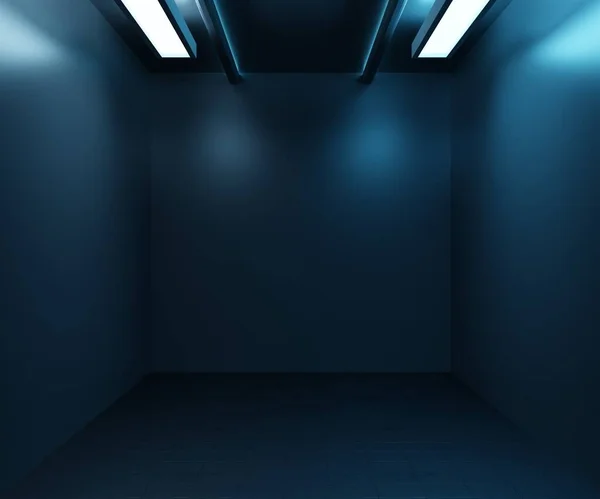 Empty room with ceiling neon light in blue wallpaper 3d rendering