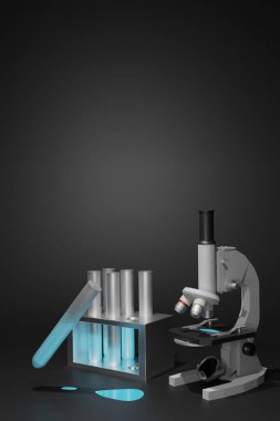 microscope with test tubes for science class 3d rendering in the black background