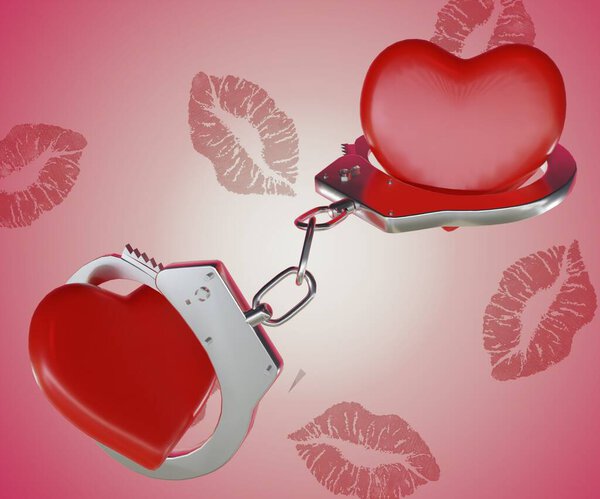 Isolated couple of red heart shapes with handcuffs in the lipstick mark white background studio 3d rendering