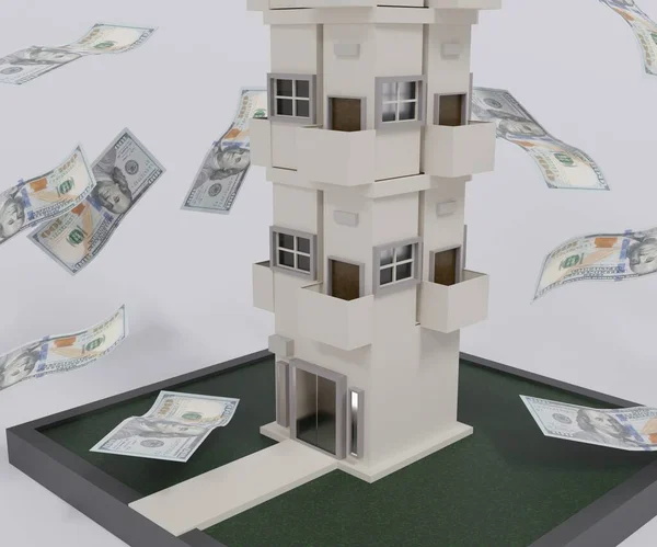 isolated Apartment building on top of stack of money US dollar bill. 3d rendering in the white background