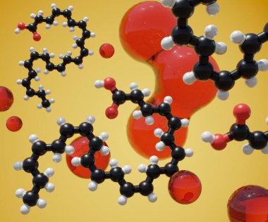 Omega-3 yağ asitleri, docosahexaenoic asit (DHA) molekülü ve yağ arkaplanı 3d