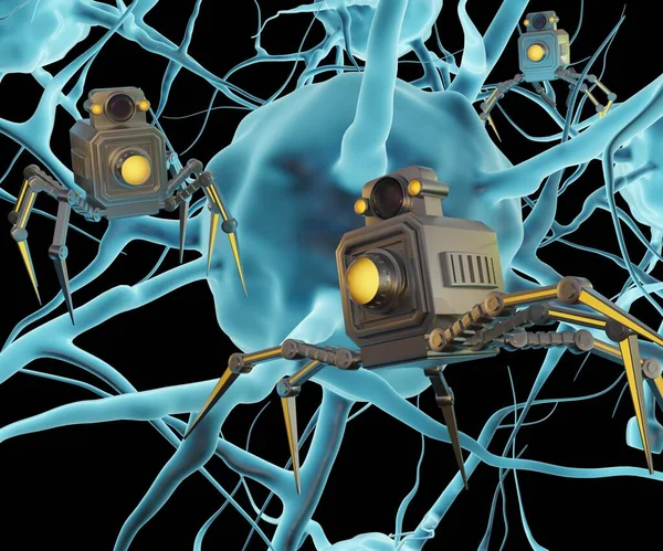 Nanobots Con Cámara Luz Frontal Las Células Cerebrales Neuronas Rendering — Foto de Stock