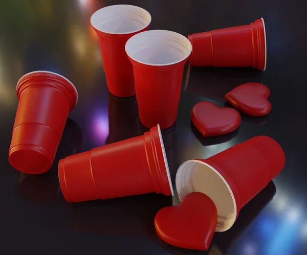 beer pong party. red heart shapes with standing and falling red cups 3d rendering