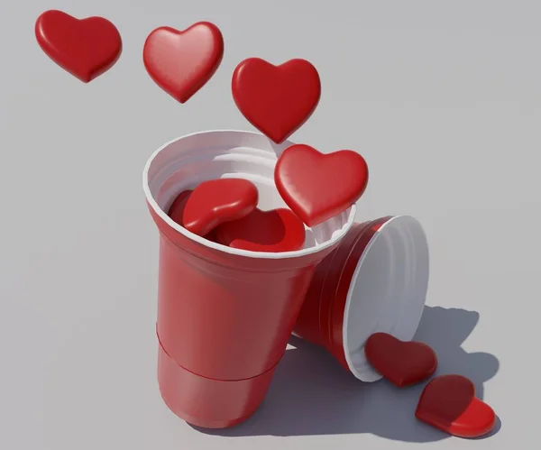 Μπύρα Πονγκ Κόκκινα Σχήματα Καρδιά Όρθια Και Πτώση Κόκκινα Φλιτζάνια — Φωτογραφία Αρχείου