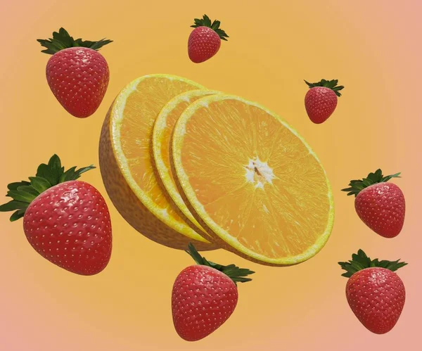 Izolált Friss Szamóca Narancs Gyümölcs Kör Körül Renderelés — Stock Fotó