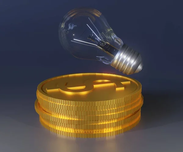 stack of gold coins and floating light blub in the dark background 3d rendering