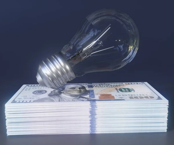 light bulb and stack of money in the dark background 3d renderingl