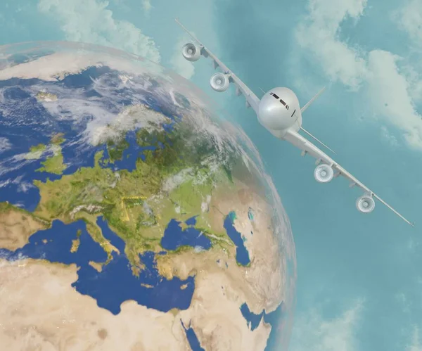 stock image Commercial airplane is flying in the blue sky and rotating the earth 3d rendering