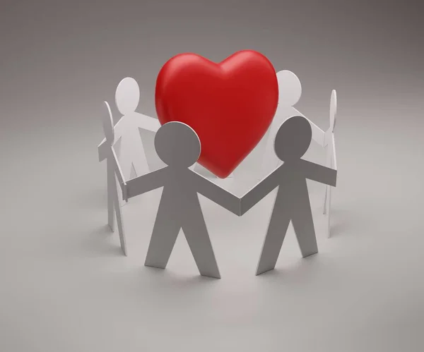human shape in paper. group of paper people holding hands and red heart shape in the middle 3d rendering