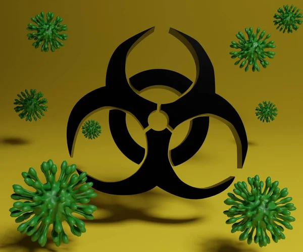 A biological hazard, or biohazard symbol with virus scattered 3d rendering
