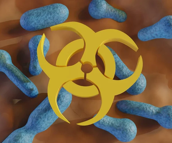 A biological hazard, or biohazard symbol with pathogenic bacteria scattered 3d rendering