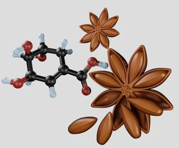 活性化合物としてのスターアニーゼ抽出物からのシキミック酸分子3Dレンダリング — ストック写真