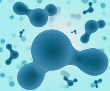 Su molekülü veya H20 mavi arkaplana dağılmış 3D görüntüleme