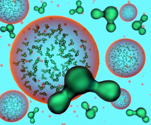 Молекулы Кислорода Внутри Нанопузырьков Трехмерным Рендерингом Молекул Воды — стоковое фото