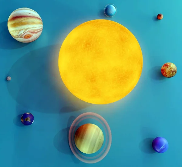 8颗行星和银河系中的太阳 或我们的太阳系 以3D尺寸呈现 — 图库照片