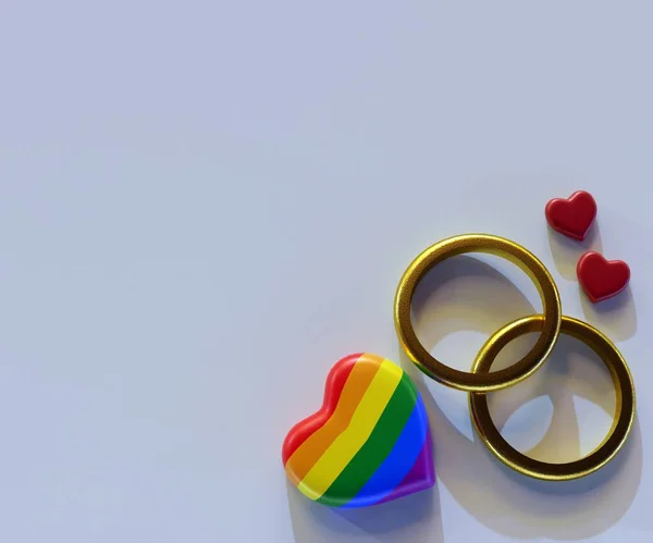 Zwei Goldene Ringe Mit Rotem Herzen Und Regenbogenherzform Hintergrund Darstellung — Stockfoto